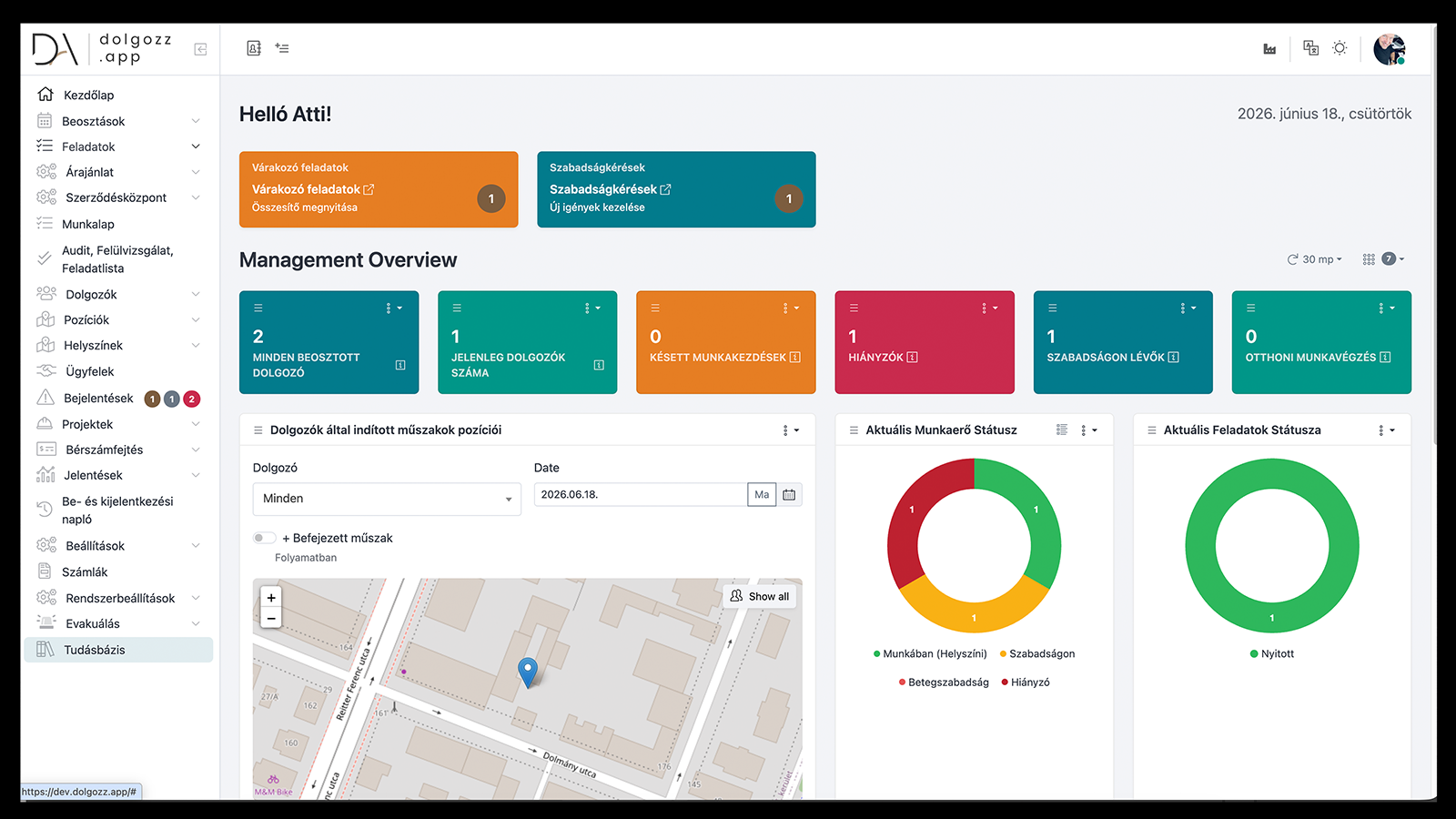 Dolgozz App vezetői dashboard, élő jelenlét, KPI-k és riportok