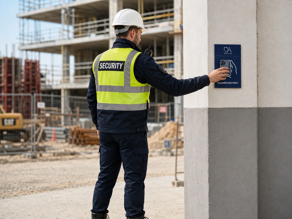 Biztonsági munkatárs NFC ellenőrzési pontot érint a telephelyen