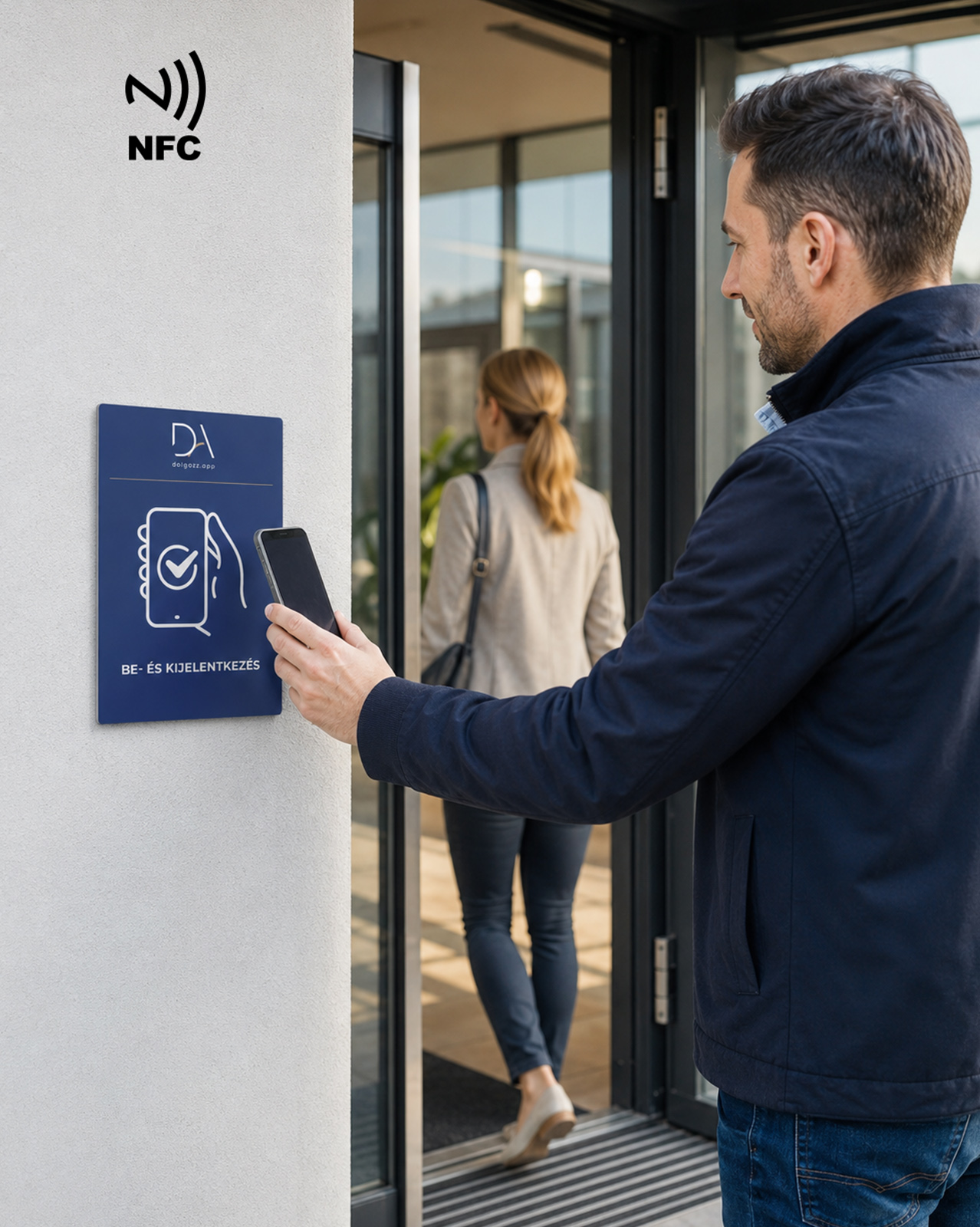 Dolgozó NFC táblához érinti a telefonját be- és kijelentkezéshez